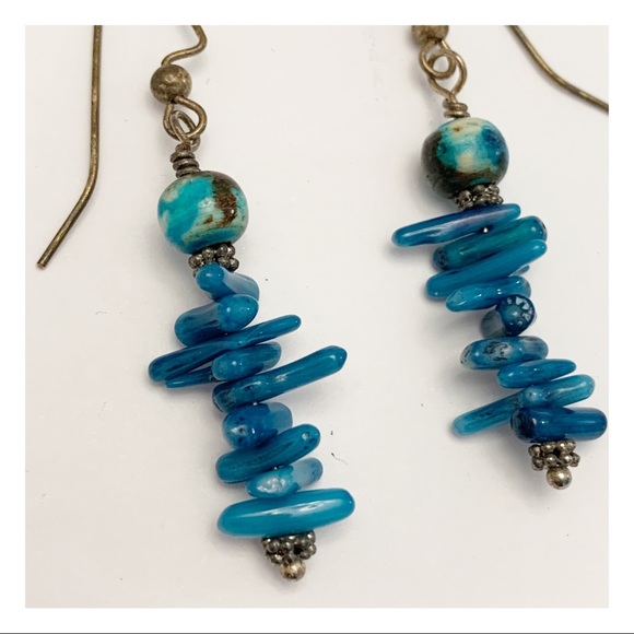 Vintage Turquoise stacked blue glass bead dangle drop earrings sterling coral - Picture 2 of 4